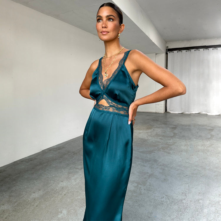 Teal Mimi Dress with Lace Trims & Bust Cutout | Elegant Wedding & Evening Wear