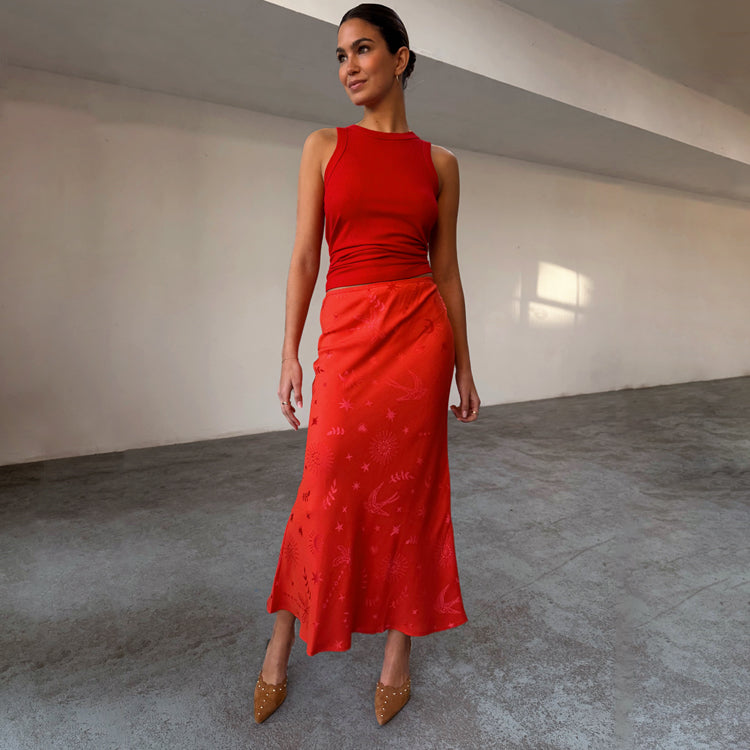 Red Swallow Print Maxi Skirt with Elastic Waist | NFD Romance Collection