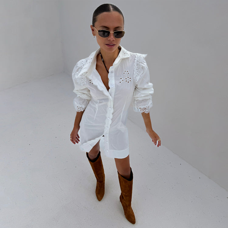 White Cotton Linen Shirt Dress with Broderie Flowers & Scallop Hem | Sicily