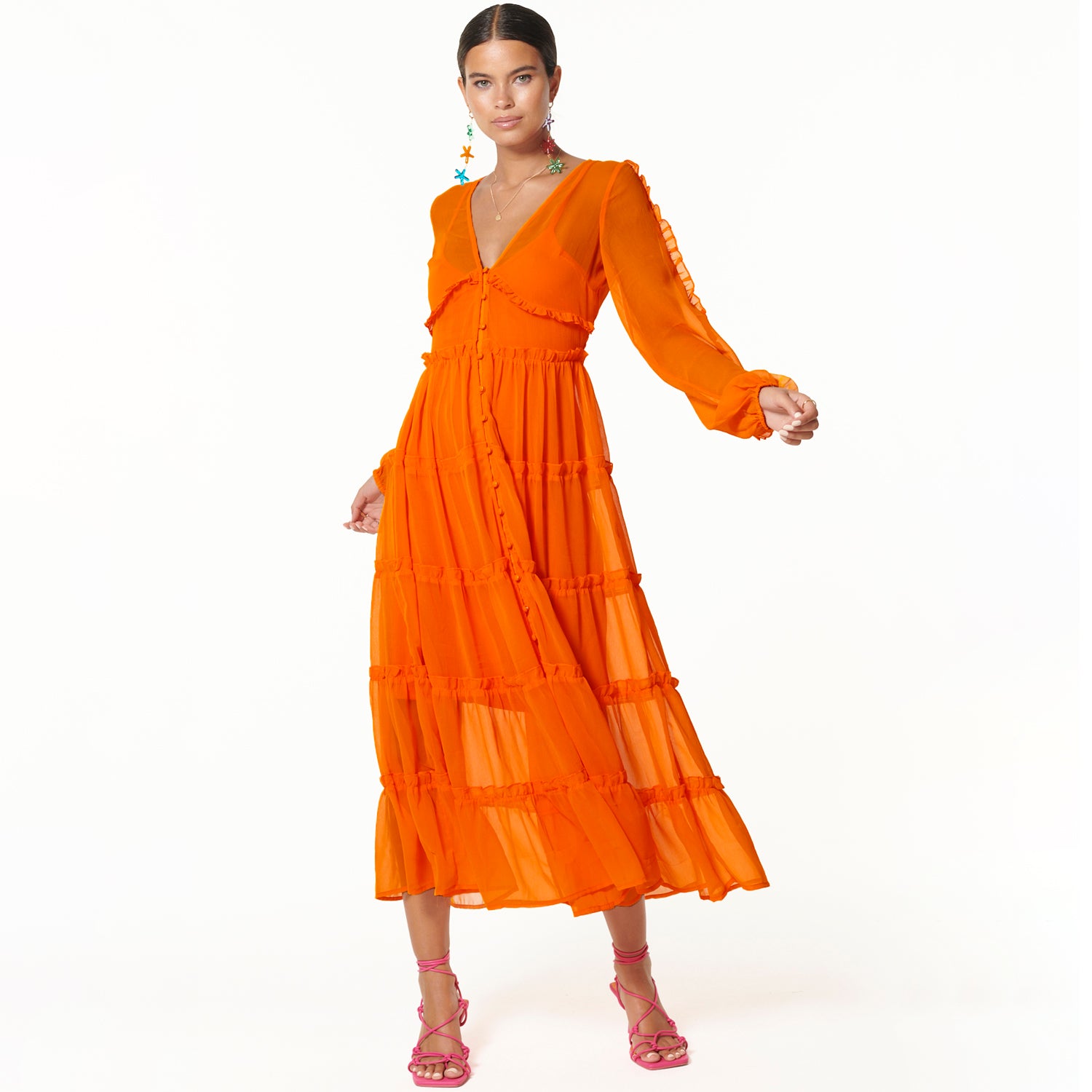 Orange Vintage-Inspired Tiered Dress with Ruffles & Slip | Clemmie