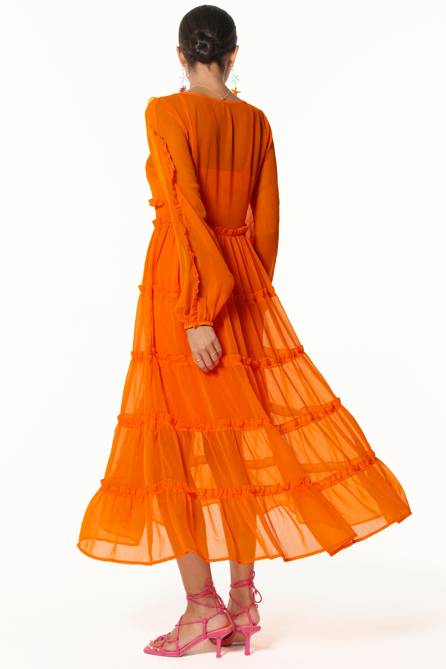 Orange Vintage-Inspired Tiered Dress with Ruffles & Slip | Clemmie