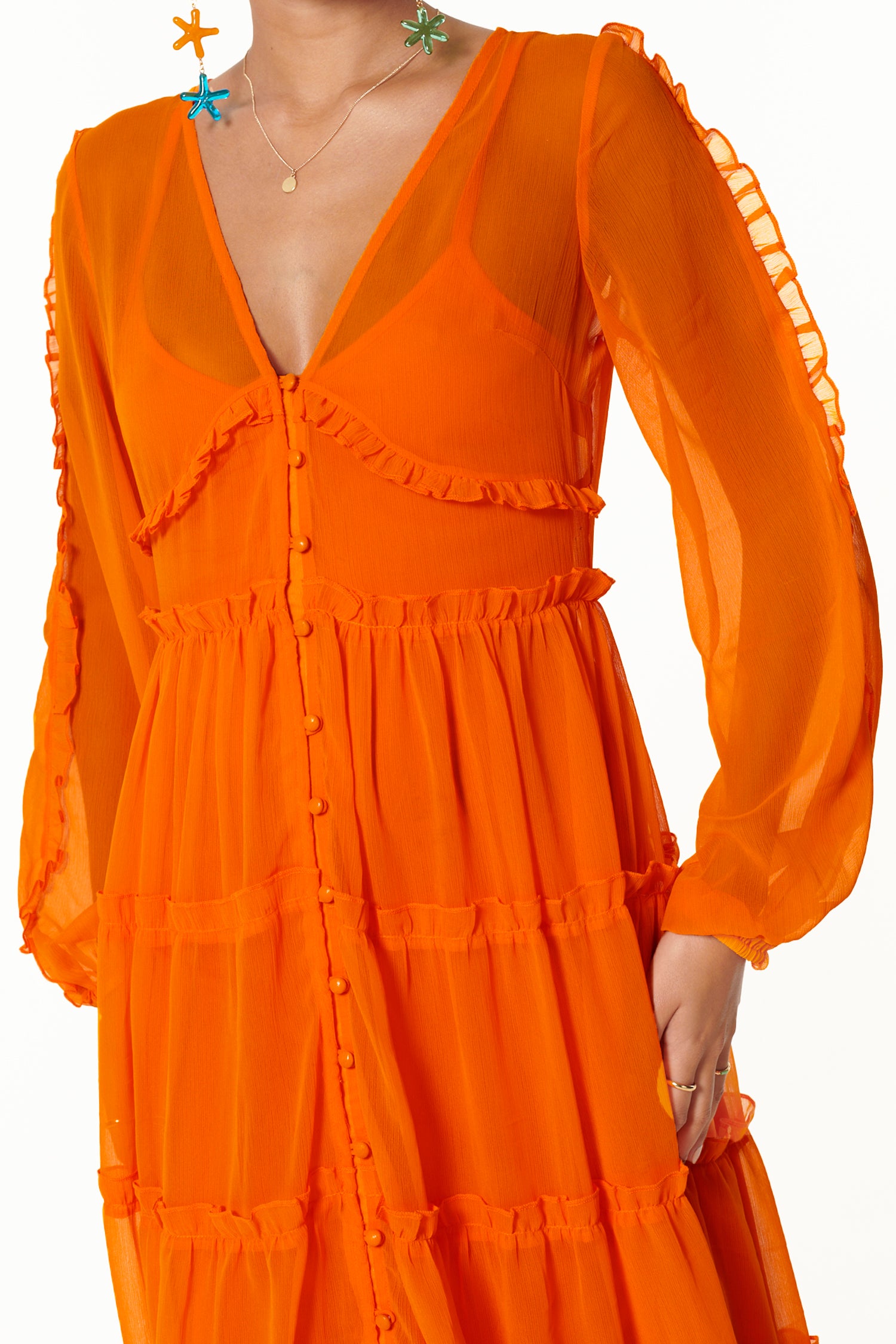 Orange Vintage-Inspired Tiered Dress with Ruffles & Slip | Clemmie