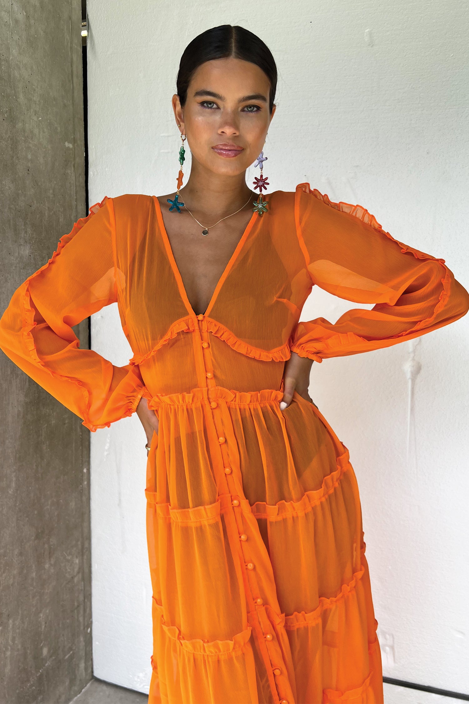 Orange Vintage-Inspired Tiered Dress with Ruffles & Slip | Clemmie