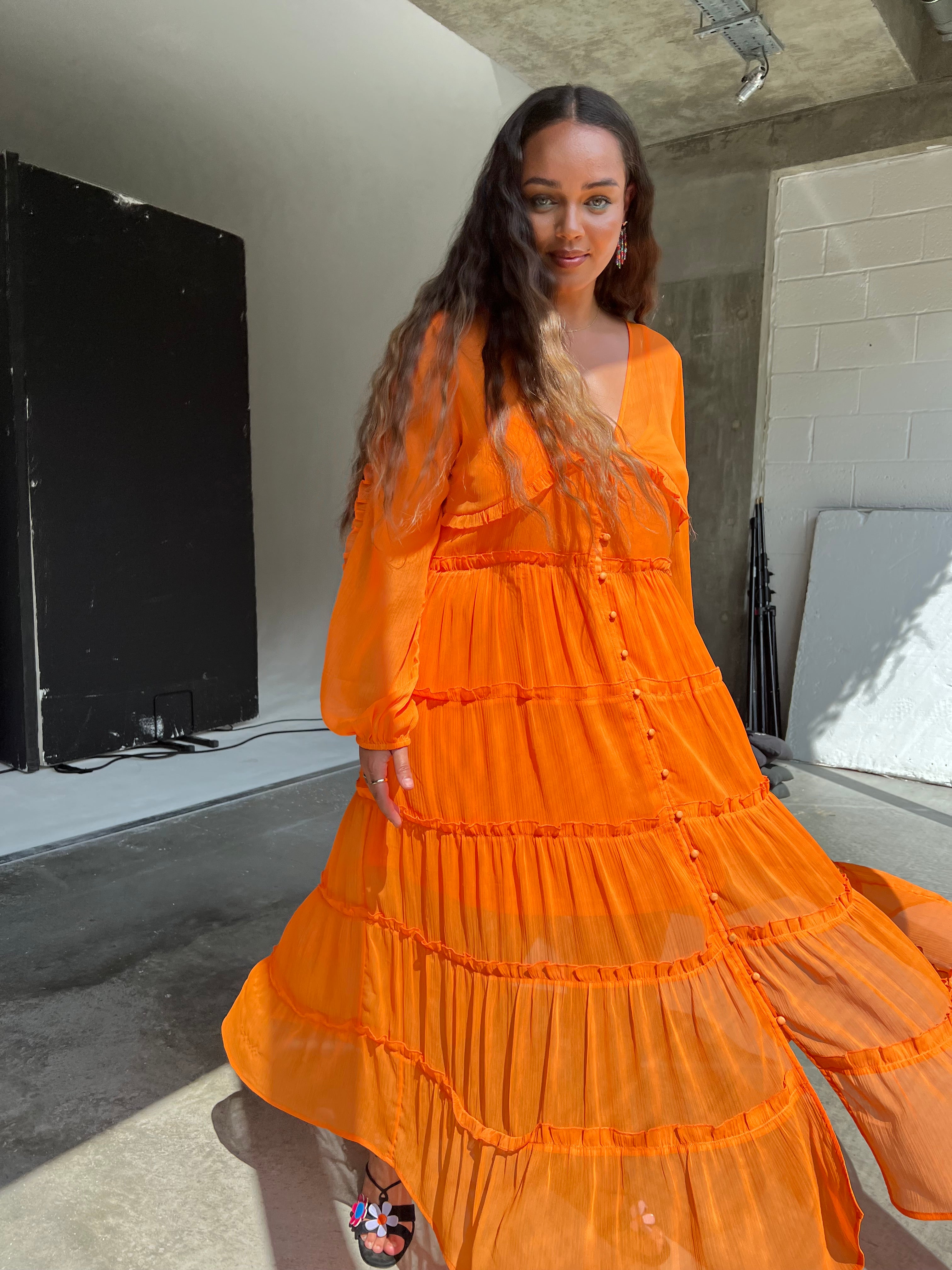 Orange Vintage-Inspired Tiered Dress with Ruffles & Slip | Clemmie