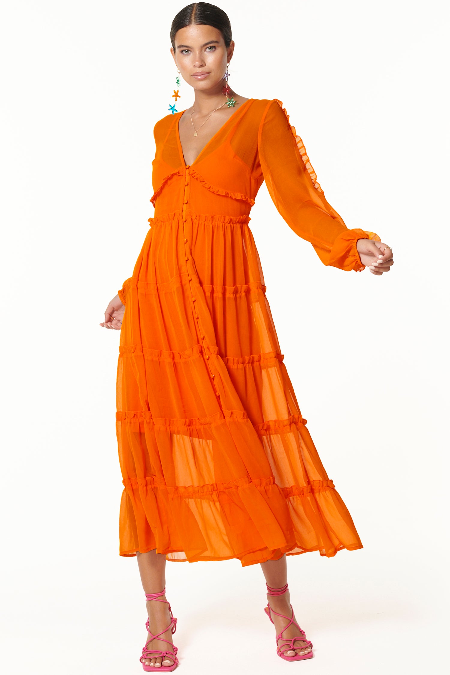 Orange Vintage-Inspired Tiered Dress with Ruffles & Slip | Clemmie