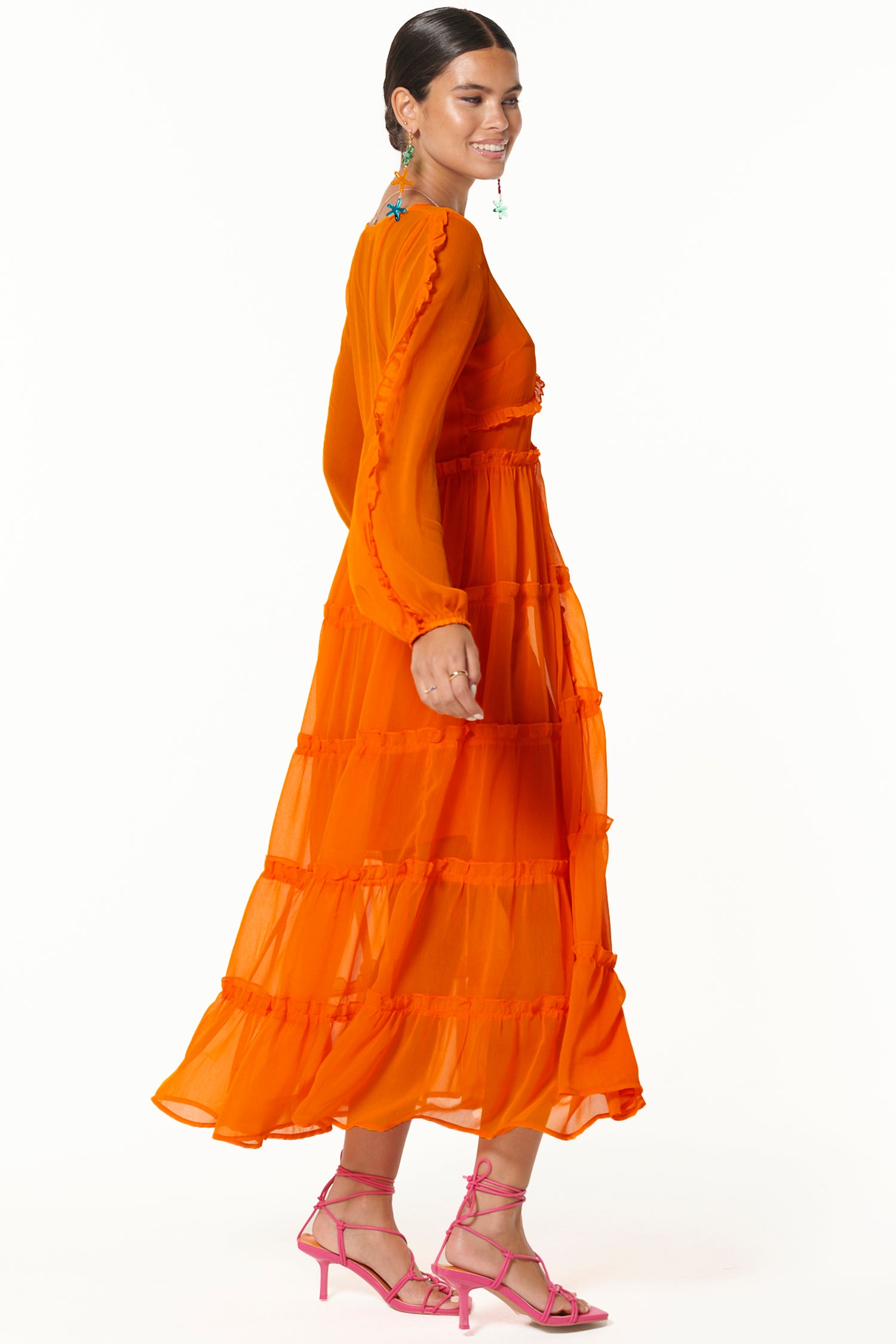 Orange Vintage-Inspired Tiered Dress with Ruffles & Slip | Clemmie