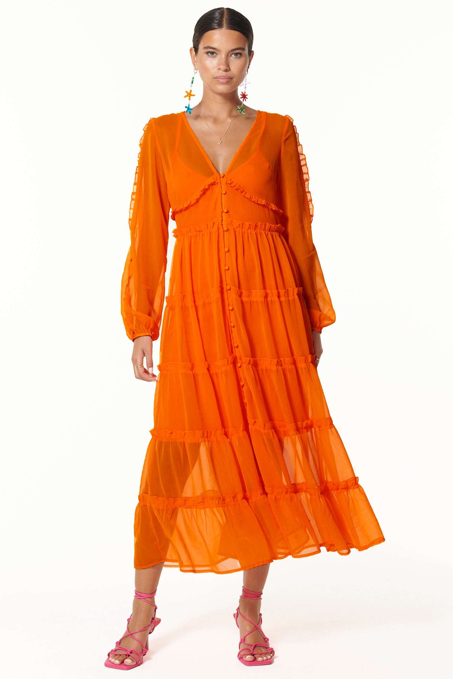 Orange Vintage-Inspired Tiered Dress with Ruffles & Slip | Clemmie