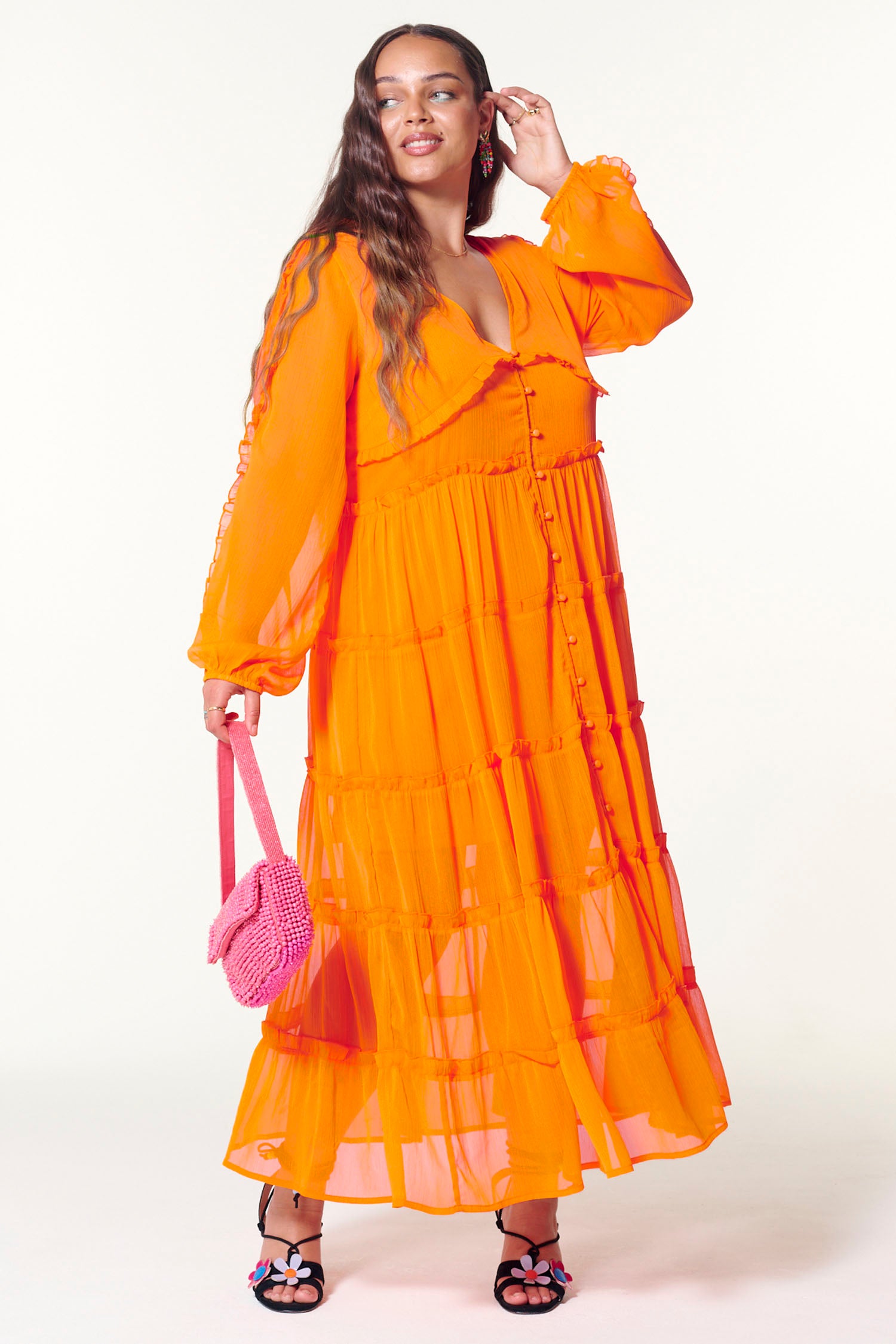 Orange Vintage-Inspired Tiered Dress with Ruffles & Slip | Clemmie