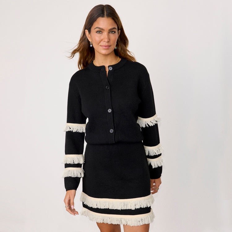 Black & Cream Fringe Cardigan for Women | Button Down & Nursing Friendly