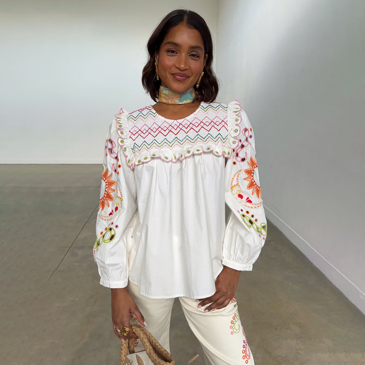 White Cotton Embroidered Top with Shirred Neckline | Enchanted Maisie