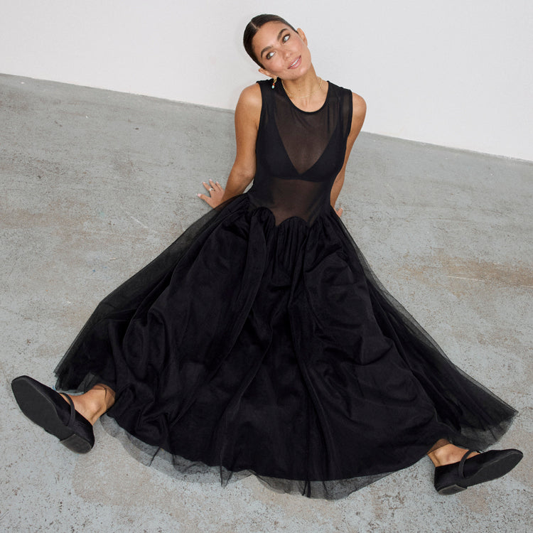 Black Corset Mesh Dress with Pleated Tulle Skirt | Monika
