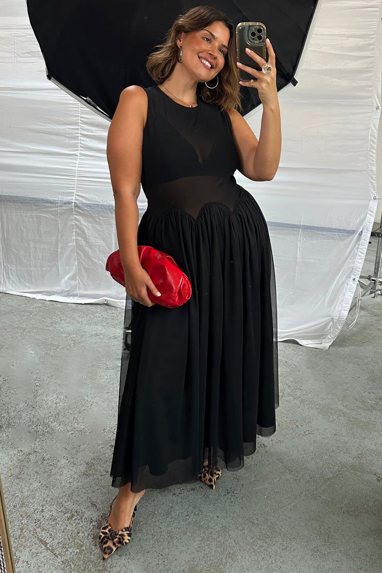 Black Corset Mesh Dress with Pleated Tulle Skirt | Monika
