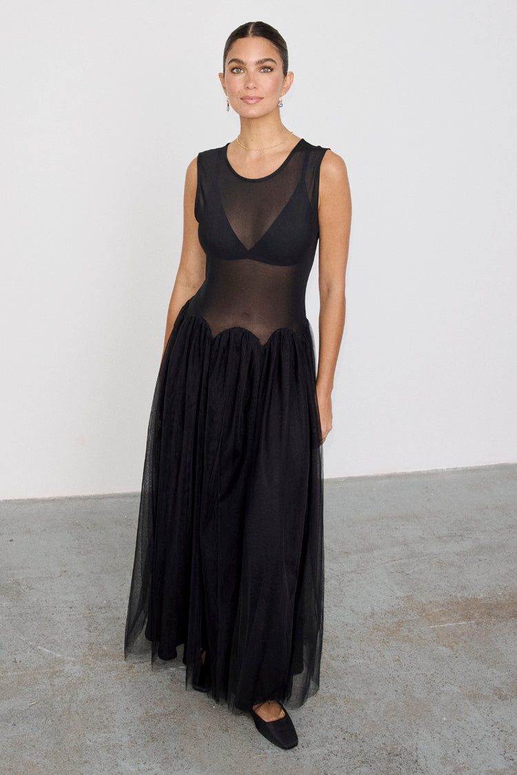 Black Corset Mesh Dress with Pleated Tulle Skirt | Monika