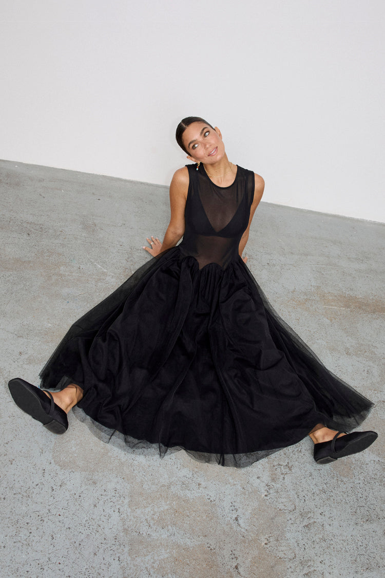 Black Corset Mesh Dress with Pleated Tulle Skirt | Monika