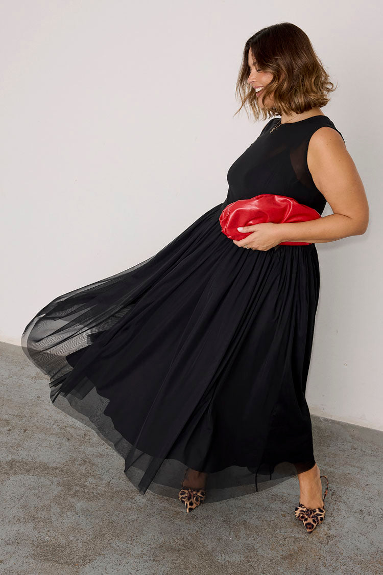 Black Corset Mesh Dress with Pleated Tulle Skirt | Monika