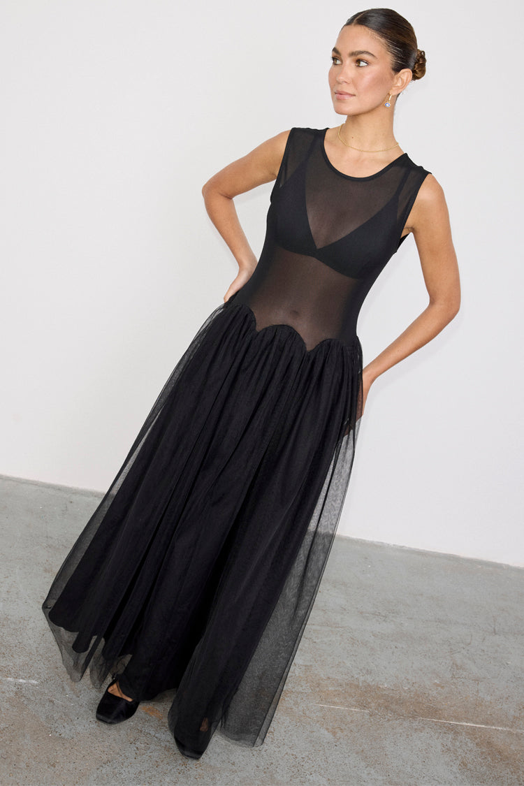 Black Corset Mesh Dress with Pleated Tulle Skirt | Monika