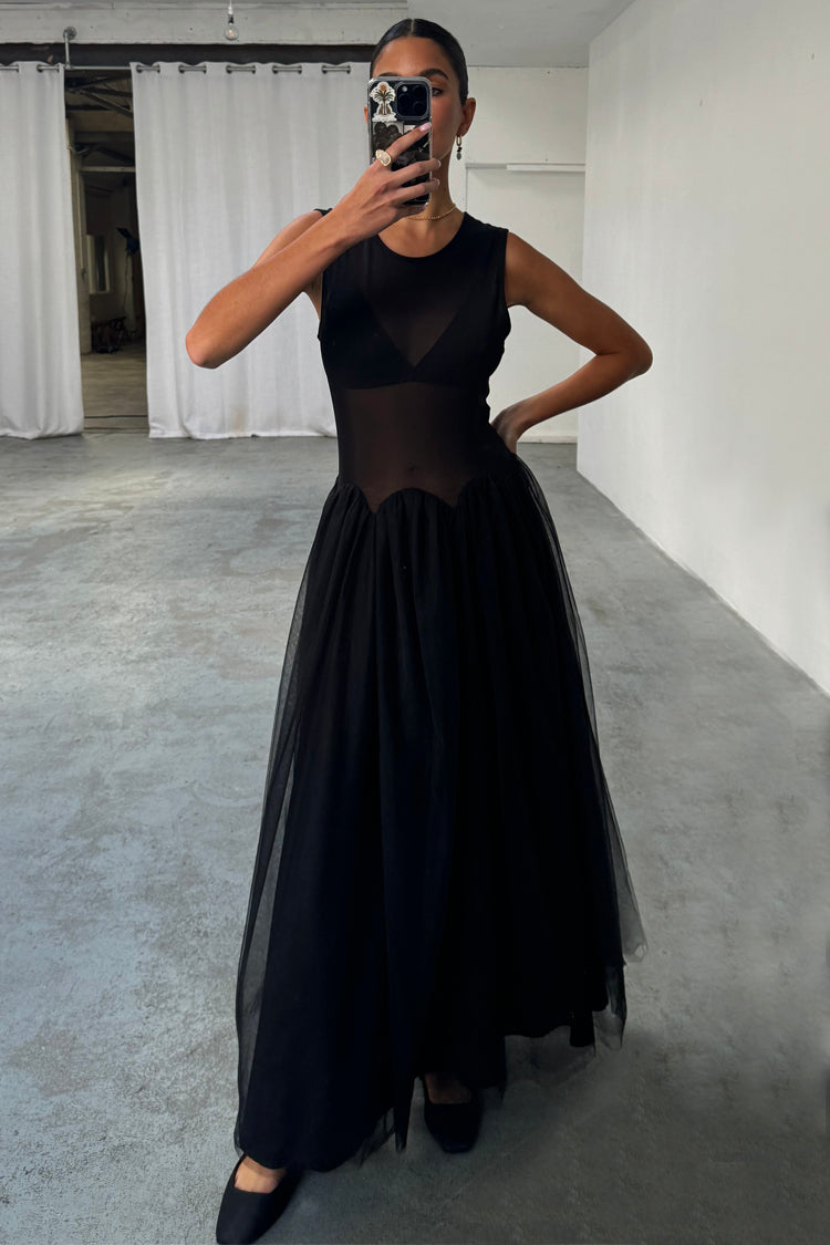 Black Corset Mesh Dress with Pleated Tulle Skirt | Monika
