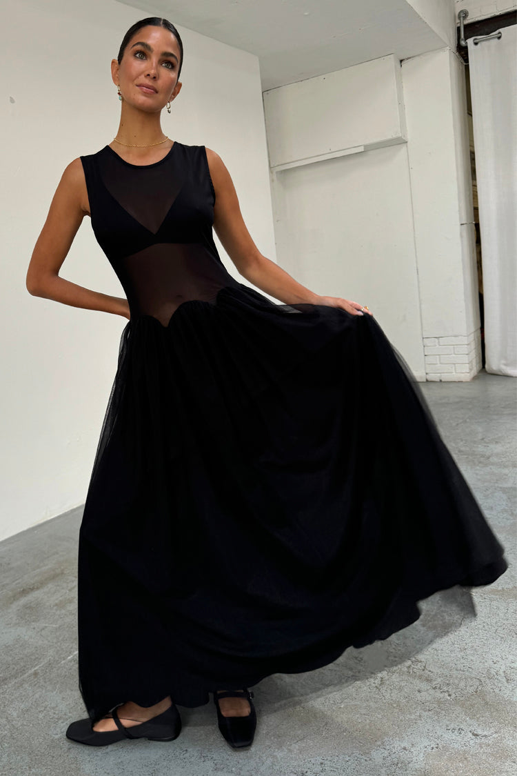 Black Corset Mesh Dress with Pleated Tulle Skirt | Monika