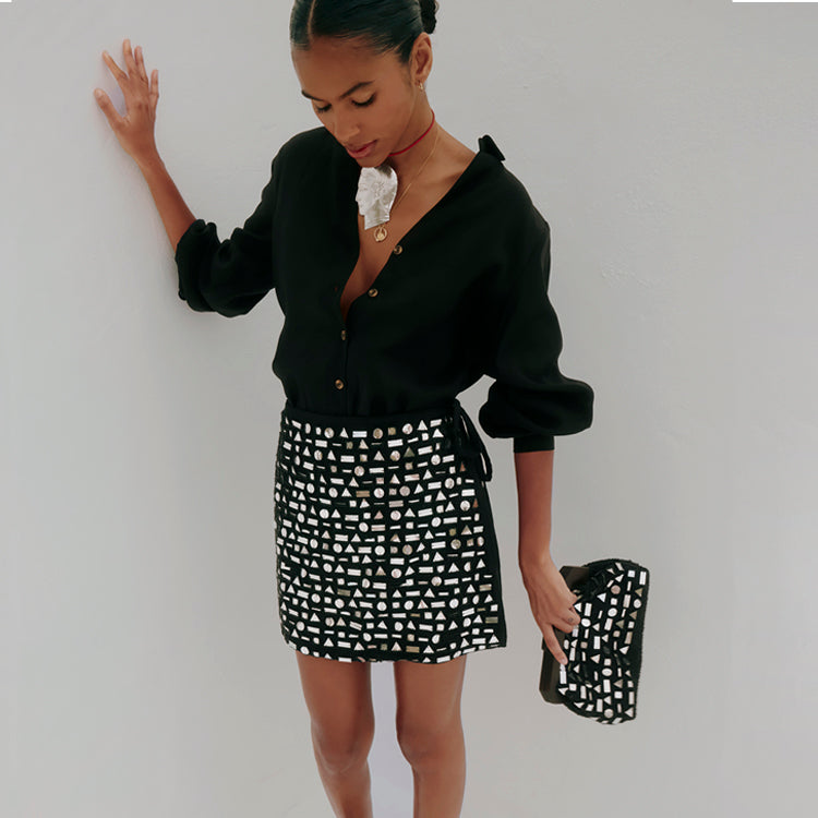 Black Beaded Clutch Bag with Wooden Handle | Party Evening Purse