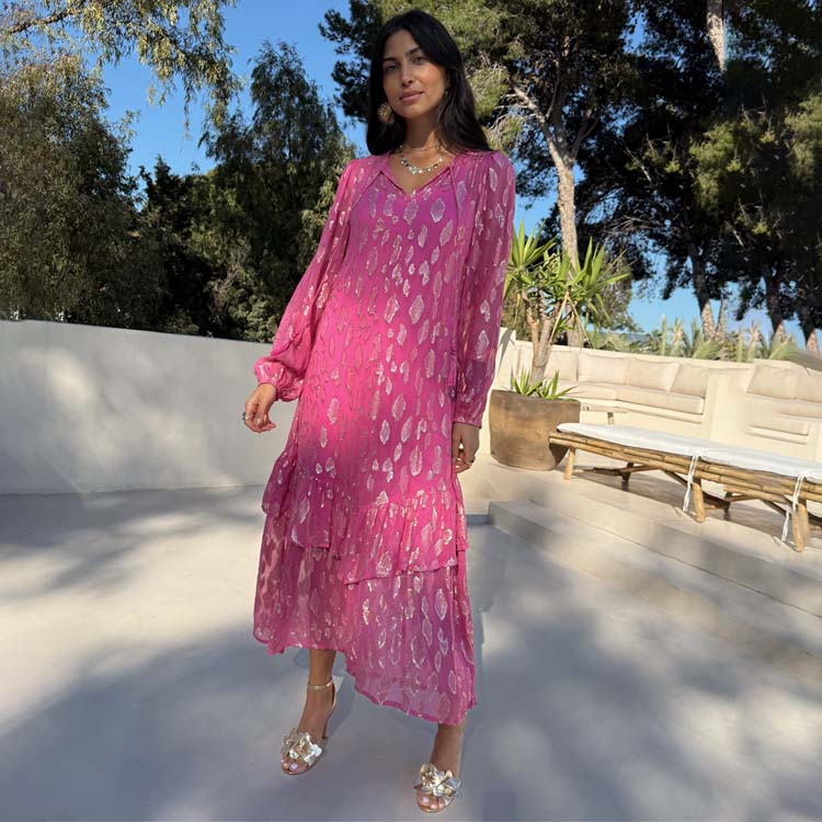 Pink Jacquard Dress with Gold Print & Elastic Cuffs | Harmony