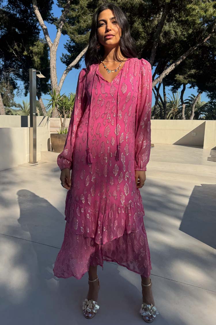 Pink Jacquard Dress with Gold Print & Elastic Cuffs | Harmony