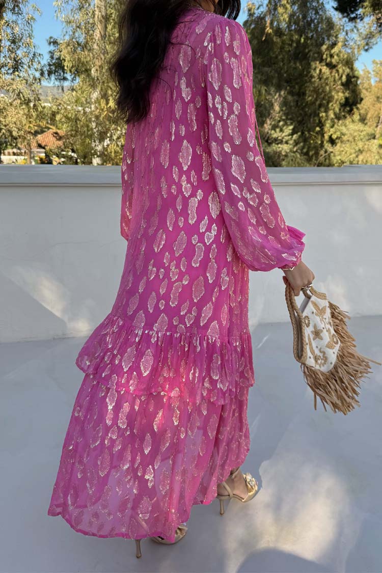 Pink Jacquard Dress with Gold Print & Elastic Cuffs | Harmony