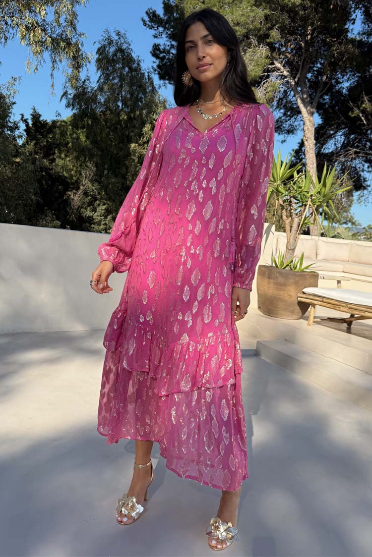 Pink Jacquard Dress with Gold Print & Elastic Cuffs | Harmony