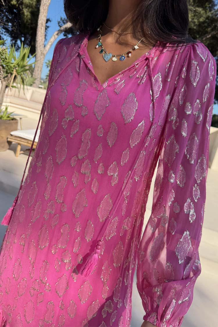 Pink Jacquard Dress with Gold Print & Elastic Cuffs | Harmony