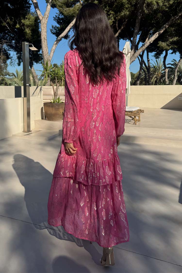 Pink Jacquard Dress with Gold Print & Elastic Cuffs | Harmony