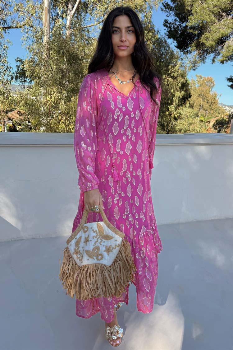 Pink Jacquard Dress with Gold Print & Elastic Cuffs | Harmony