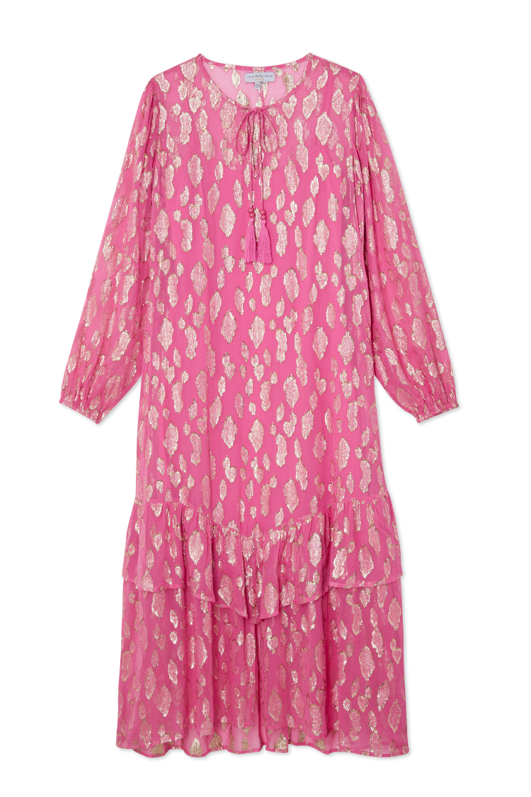 Pink Jacquard Dress with Gold Print & Elastic Cuffs | Harmony