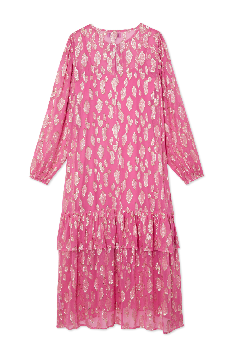 Pink Jacquard Dress with Gold Print & Elastic Cuffs | Harmony