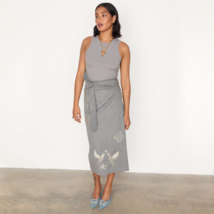 Grey Wrap Tie Skirt with Moroccan Embroidery | Midnight Romance