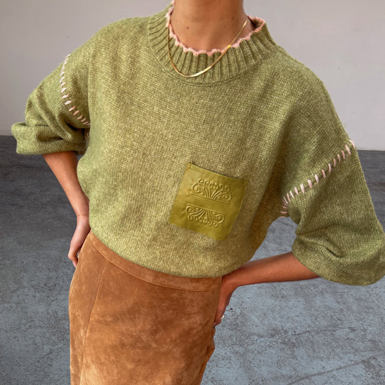 Olive Green Knit Jumper with Scallop Edging | Virgo