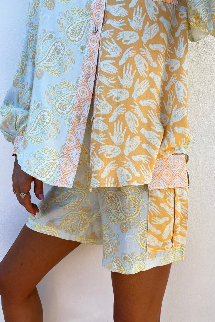 Blue Paisley Print Combat Shorts with Elastic Waistband & Side Pocket