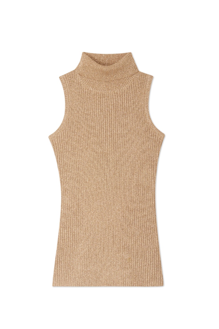 Gold Rib Knit Vest with Lurex Shimmer | High Neck & Stretch