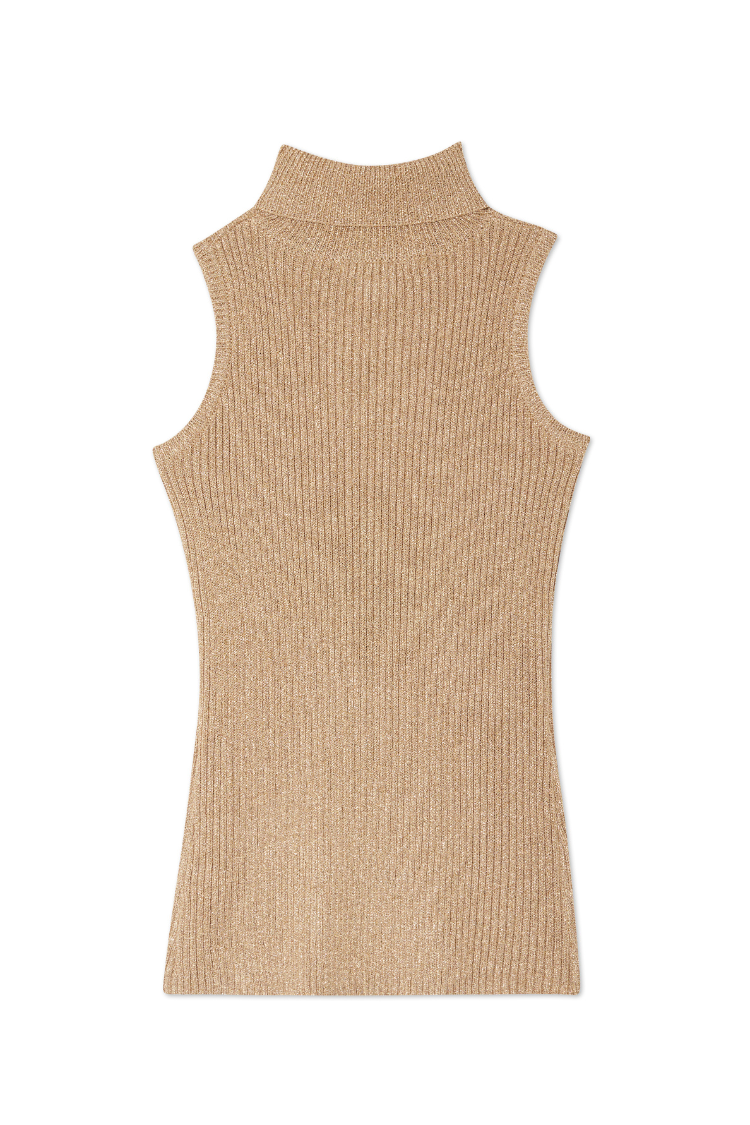 Gold Rib Knit Vest with Lurex Shimmer | High Neck & Stretch