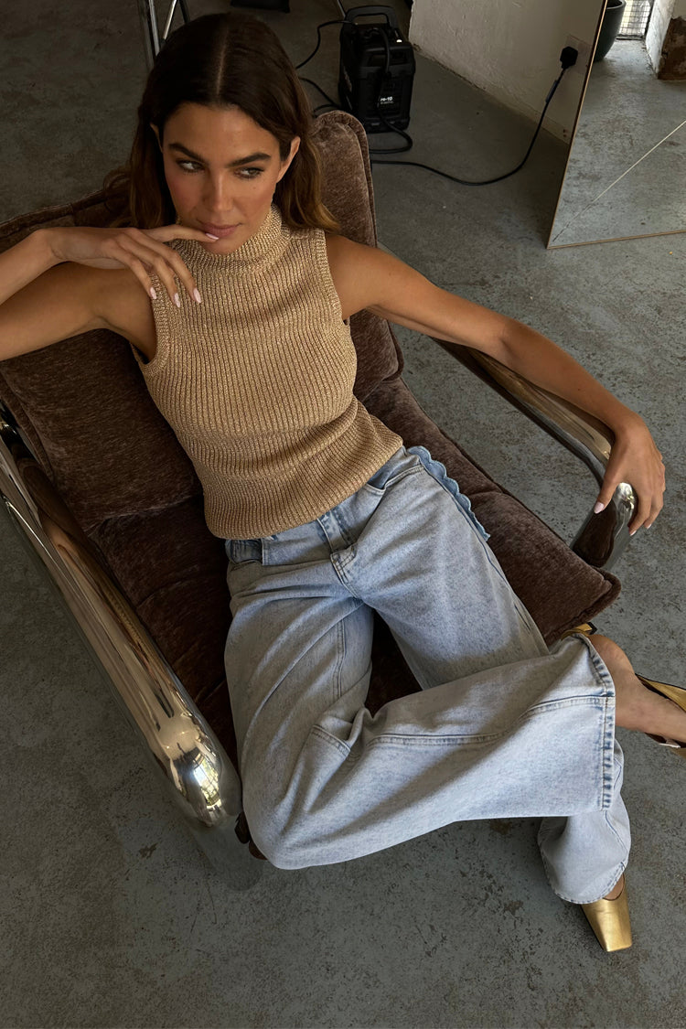 Gold Rib Knit Vest with Lurex Shimmer | High Neck & Stretch