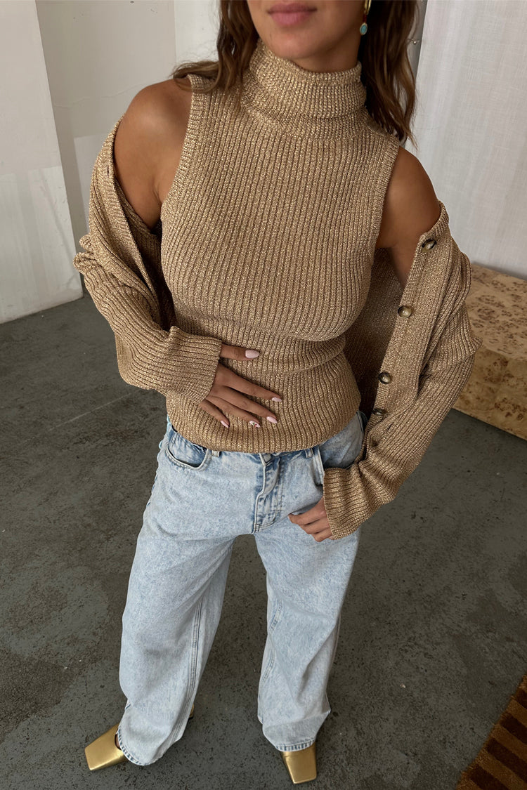Gold Rib Knit Vest with Lurex Shimmer | High Neck & Stretch
