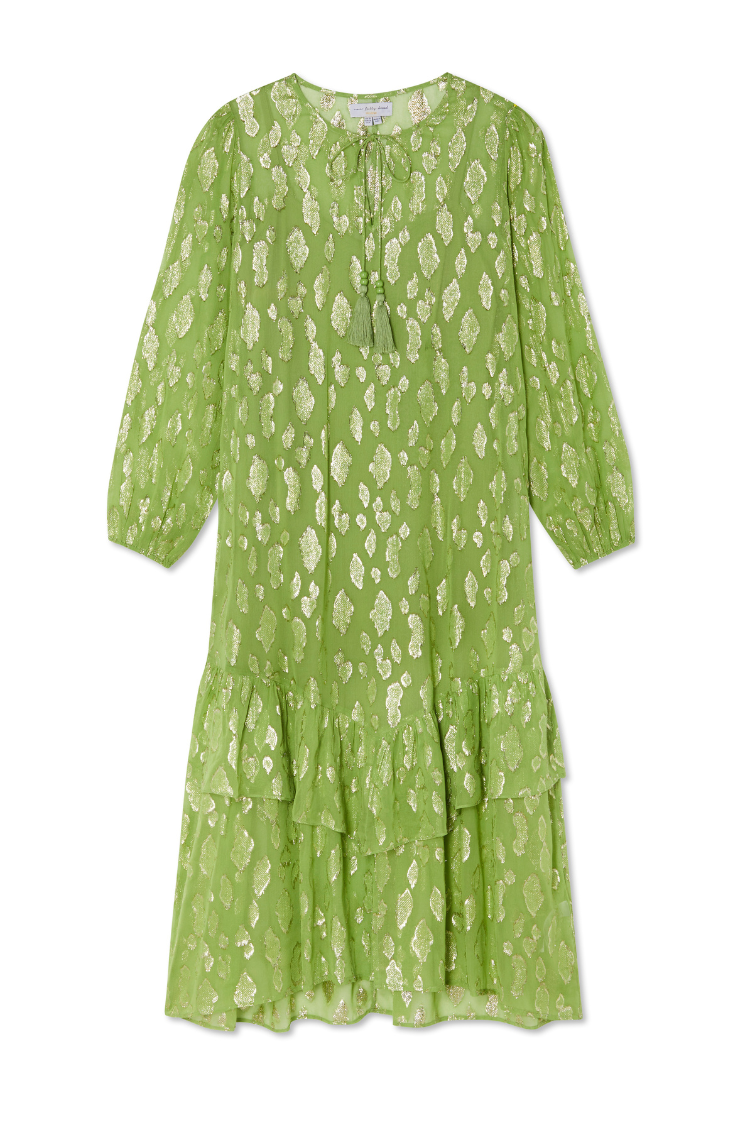 Olive Green Jacquard Dress with Gold Print & Elastic Cuffs | Flowy Silhouette