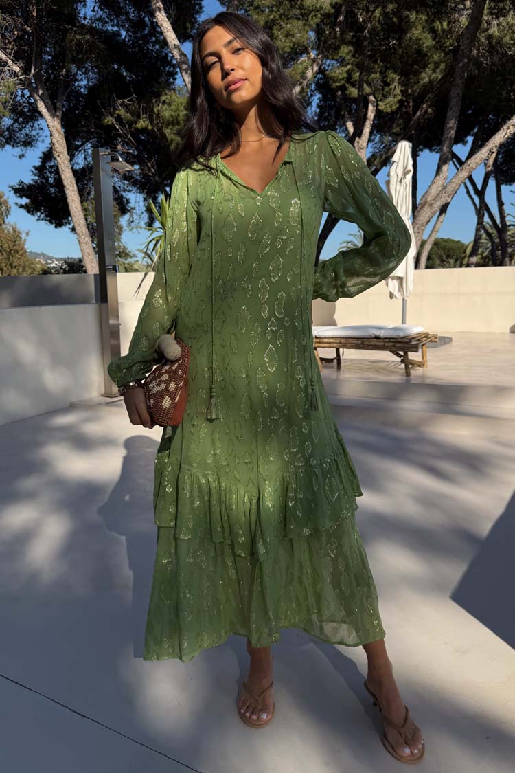 Olive Green Jacquard Dress with Gold Print & Elastic Cuffs | Flowy Silhouette