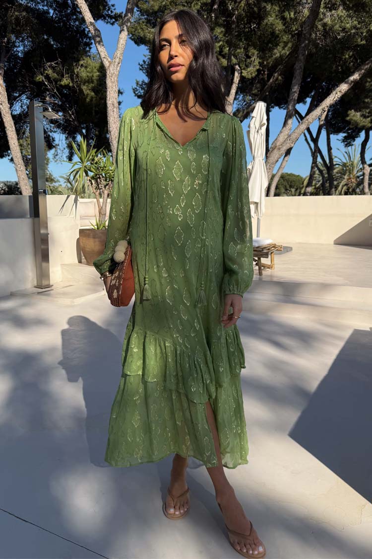 Olive Green Jacquard Dress with Gold Print & Elastic Cuffs | Flowy Silhouette