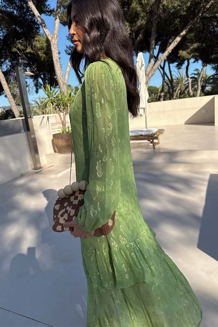 Olive Green Jacquard Dress with Gold Print & Elastic Cuffs | Flowy Silhouette