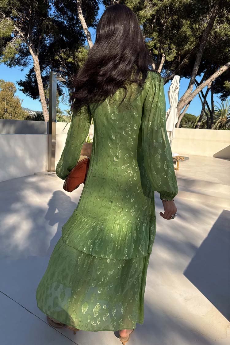 Olive Green Jacquard Dress with Gold Print & Elastic Cuffs | Flowy Silhouette