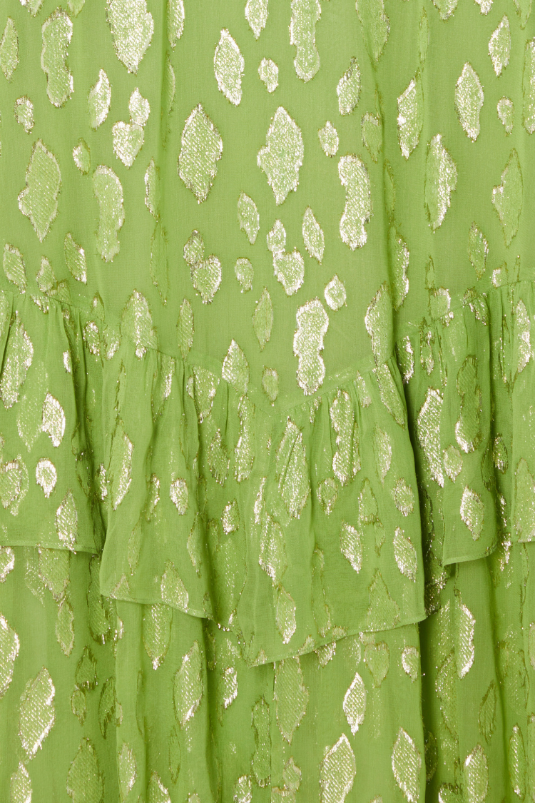 Olive Green Jacquard Dress with Gold Print & Elastic Cuffs | Flowy Silhouette