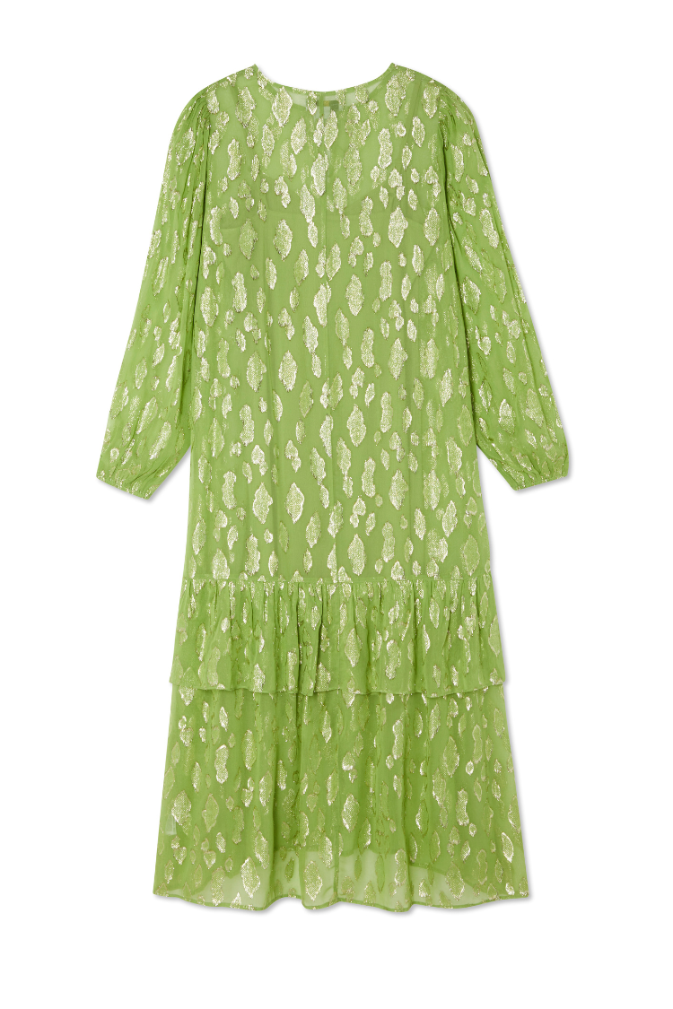 Olive Green Jacquard Dress with Gold Print & Elastic Cuffs | Flowy Silhouette