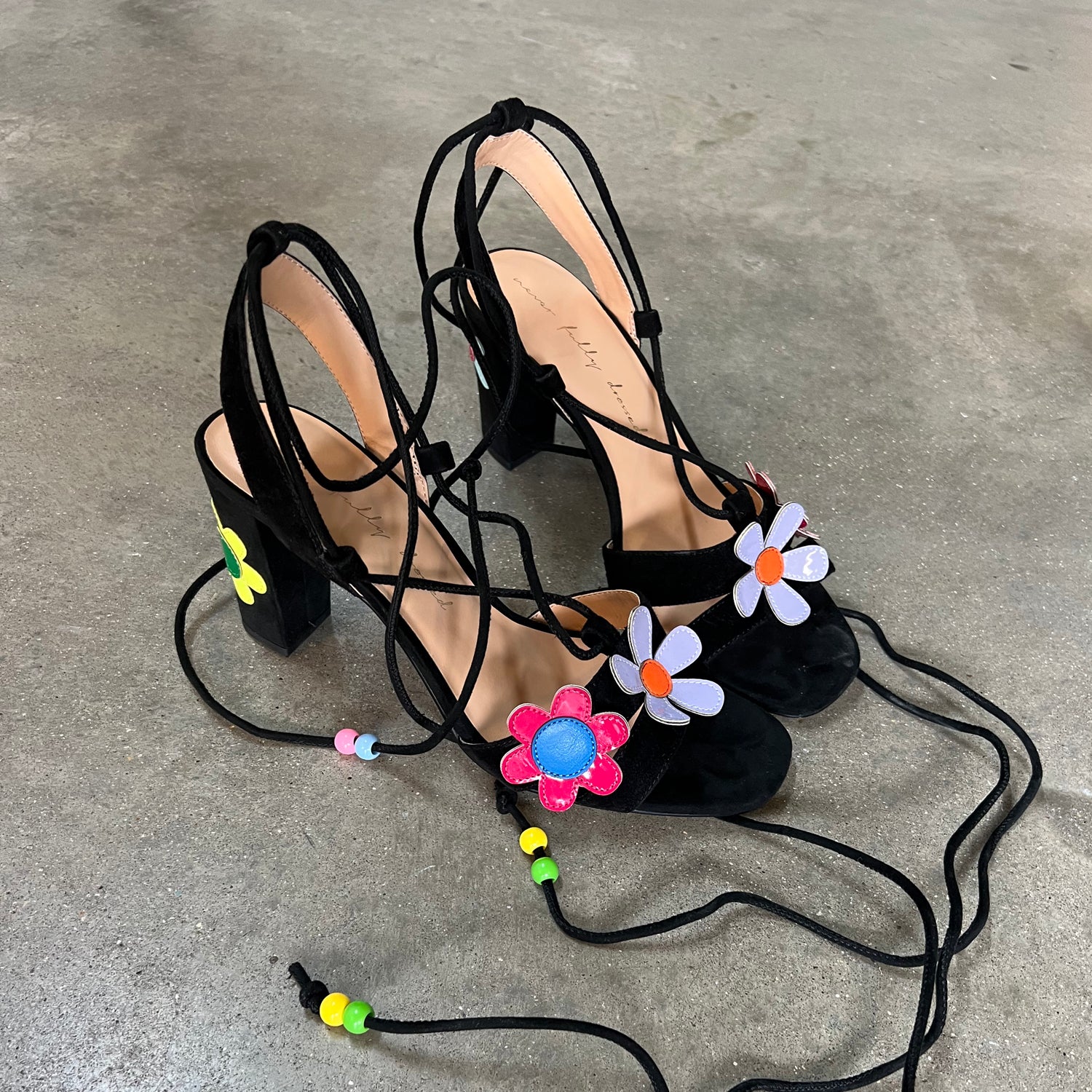 Floral Strappy Block Heels with Beaded Ankle Ties | Flower Power