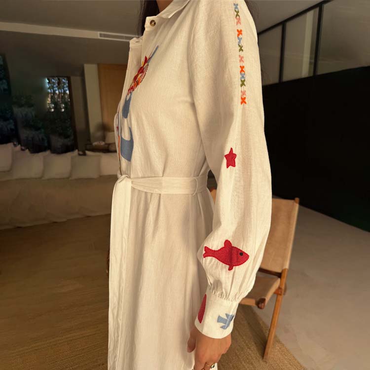 White Embroidered Shirt Dress with Belt | Breastfeeding & Bump Friendly