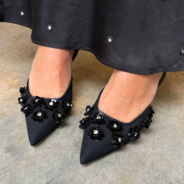 Black Beaded Slingback Heels with Adjustable Strap | 3.5 Inch Heel