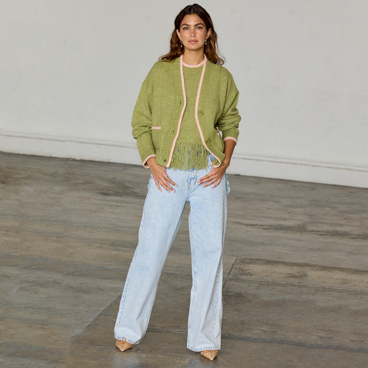 Olive Cardigan with Pink Trim for Women | Callie Cozy Knit